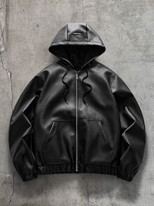 AXEPEAK 男士拉鍊雙口袋休閒時尚百搭抽繩連帽皮夾克 - 黑色 - 查看 1