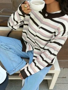 Autumina Women's Gentle Style Contrast Color Striped Cardigan Sweater, Autumn/Winter - Multicolor - View 6