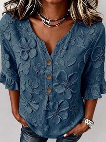 SHEIN Women's Fashion 3D Printed Decorative Button Ruffle Cuff Blouse - Blue - View 3