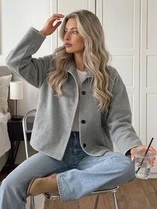 Easowa Women's Lapel Single-Breasted Autumn/Winter Fashion Casual Jacket - Grey - View 3