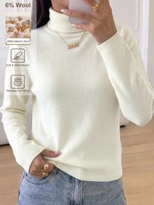 SHEIN Tween Girls Sweaters 2025 New Autumn/Winter Solid Color Slim Fit Turtleneck Pullover Base Layer Inner Wear Big Girls Stylish Fashion Minimalist Long Sleeve Knit Sweater - Beige - View 3