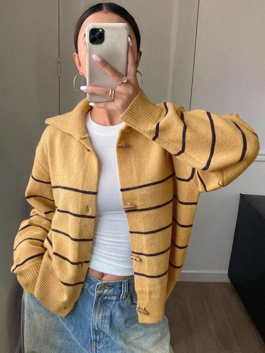 DAZY Contrast Color Striped High Neck Long Sleeve Loose Fit Horn Button Cardigan For Women - Coffee Brown - View 1