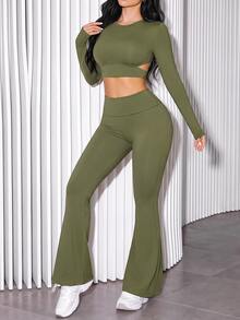Slayform Slayform Women's Solid Color Long Sleeve Backless Top And Leggings Sports Set, Suitable For Running, Yoga - Army Green - View 1