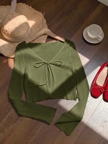 Comfortcana 軍綠色針織女款上衣，適合約會、度假、派對、日常外出、聚會、戶外活動 - 軍綠色 - 查看 4