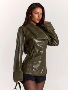 SHEIN BAE Women's Green Lapel Collar Zipper Front Long Sleeve Cinched Waist Versatile Jacket - Army Green - View 5