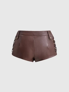 ROMWE Autumn/Winter Hippie Brown Bronze Studded Side Lace-Up Low Waist Women's Shorts - Brown - View 2