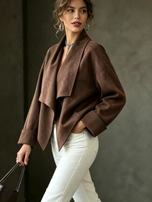 Airaco Plus Size Women's Casual Large Collar Design Brown Autumn/Winter Suede Long Sleeve Jacket - Brown - View 5