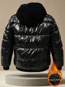 Manfinity Homme 萬聖節、聖誕節、新年禮物，男士亮面連帽冬季夾克 - 黑色 - 查看 3