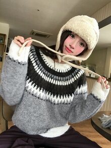 DAZY Women's Round Neck Contrast Color Autumn/Winter Korean Style Long Sleeve Sweater - Grey - View 1