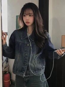 DAZY Women's Distressed Washed Bleached Split Loose Long Sleeve Collared Casual Street Vacation Spring Autumn Denim Jacket And Outerwear - Blue - View 3