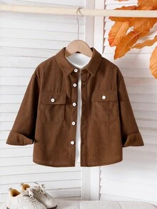 SHEIN 男童時尚休閒連帽外套，附口袋翻蓋裝飾，燈芯絨外套，適合日常休閒、外出、上學及各種場合，春秋穿著 - 彩色 - 查看 1