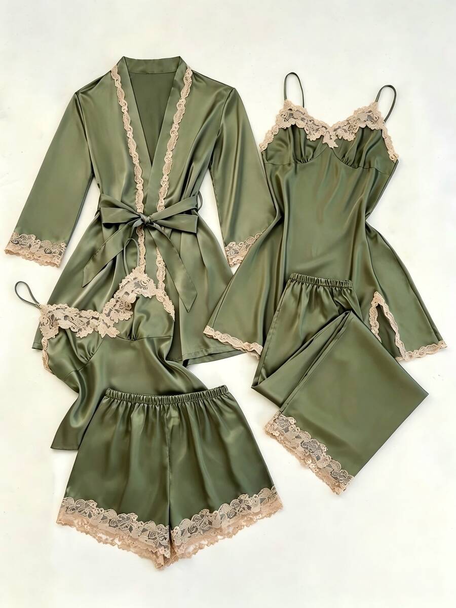 SilkySpell 5-Piece Contrast Trim Faux Silk Camisole, Shorts, Pants, Robe And Nightgown Set - Army Green - View 1