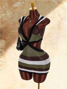 Amplova Striped Hat V-Neck Cutout Women's Mini Crochet Dress - Multicolor - View 5