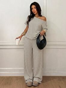 Siren Gaze Women's Striped Pattern One-Shoulder Top And Pants 2 Pieces Set - Multicolor - View 5