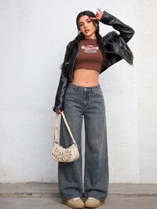 SHEIN ICON 女款寬鬆版牛仔褲 - 深色水洗藍 - 查看 3