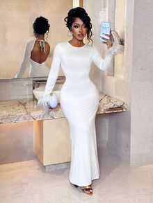 BamGleam Feather Cuff Long Sleeve Bodycon High-End Elastic Long White Base Layer Dress - White - View 3