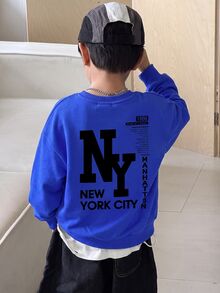 Young Boy Long Sleeve Crew Neck Sweatshirt With Cartoon Pattern And NY Letter, Suitable For Autumn/Winter, Fleece Lined - Multicolor - View 7
