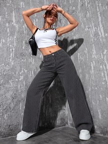 SHEIN PETITE 女款條紋口袋寬腿寬鬆休閒牛仔褲 - 黑色 - 查看 3