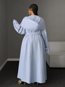 Maweii Plus Size Double-Breasted Hooded Trench Coat With Soft Elegant Style Fall - Blue - View 5