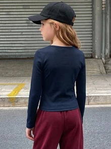 Hapijoa Tween女孩黑色修身長袖半鈕扣前襟內搭圓領T恤，秋季 - 藏蓝色 - 查看 2