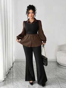 Elenzga Plus Size Casual Versatile Commute Patchwork Striped 2 In 1 Shirt And Versatile Minimalist Flared Long Pants Two Pieces Set - Brown - View 5