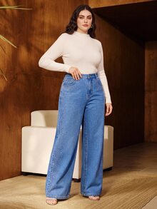 Anewsta Women's Fashion New Heavy Rhinestone Embellished Blue Straight Leg Plus Size Jeans - Blue - View 5