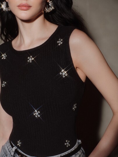 Anewsta Conjunto de otoño para mujer, top de tirantes negro acanalado con cuentas pesadas, versátil para ir al trabajo
