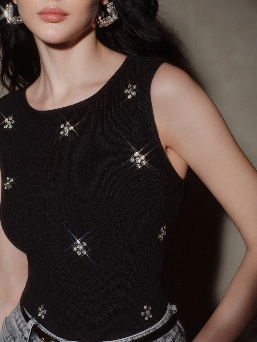 Anewsta Autumn Outfit For Women Black Ribbed Heavy Beaded Versatile Commuter Tank Top - Black - View 1