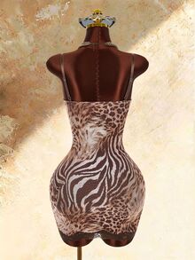 Amplova Gaun Mini Cami Motif Zebra dengan Renda Kontras Seksi untuk Wanita - Mocha Brown - View 2