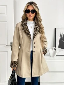 Elyressa معطف نسائي خريف/شتاء بتصميم رقعات وطبعة نمر وياقة طية وأكمام طويلة وأزرار مفردة من مزيج الصوف - لون مشمشي - مشاهدة 5