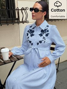 MaterniWear Maternity Floral Embroidered Striped Long Sleeve Elegant Shirt Dress - Blue - View 2