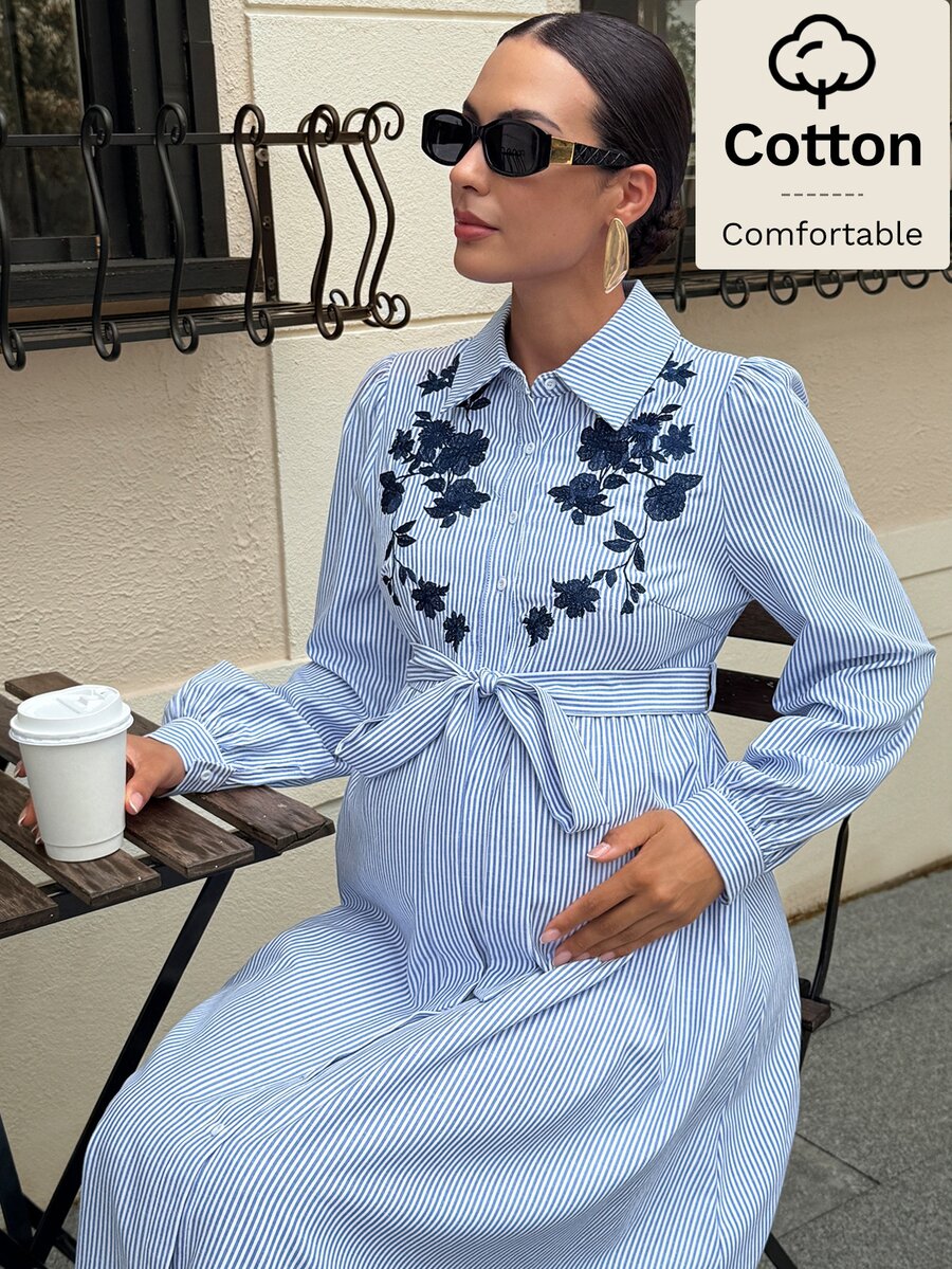 MaterniWear Maternity Floral Embroidered Striped Long Sleeve Elegant Shirt Dress