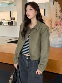 K-Vae Women's Green Suede Jacket, Cropped Fit, Autumn/Winter Jacket - Army Green - View 5