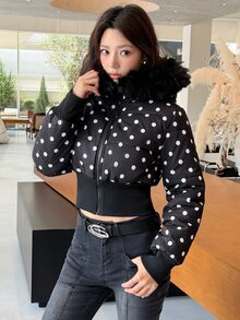 K-Vae Women's Hooded Polka Dot Padded Coat, Autumn/Winter - Black - View 6