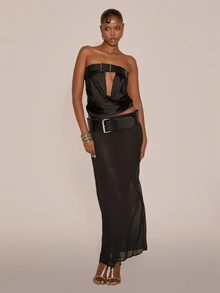 MUSERA Thick Belted Waist Sheer Maxi Coloumn Skirt Sexy Evening Night Going Out Fall Winter Autumn Solitude - Black - View 2