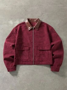 ROMWE MEN 男士前開襟拉鍊長袖休閒夾克 - 酒紅色 - 查看 1