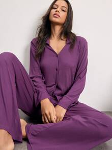 Ocili Women's Button Long Sleeve Top And Comfortable Pants Loungewear Set - 紫丁香色 - 查看 6