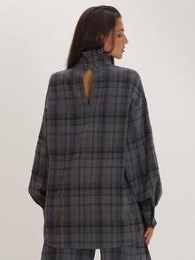 MUSEYN Grey Check Print High Neck Long Sleeve Oversized Top Versatile Everyday Casual Fall - Multicolor - View 2