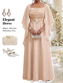 SHEIN CURVE+ Plus Size Women Solid Color Square Neck Lace Applique Patchwork Waist-Cinching Slimming Cape Sleeve Dress Fall - Pink - View 7