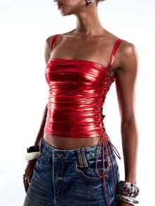 LYSMO Women's Sexy Satin Drawstring Tie Cropped Top - Red - View 4