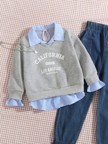 SHEIN Tween女孩白色紫色2合1衛衣，領口長袖加州印花套頭衫，柔軟面料寬鬆版型，秋季Nancy 7歲生日 - 淺灰色 - 查看 1