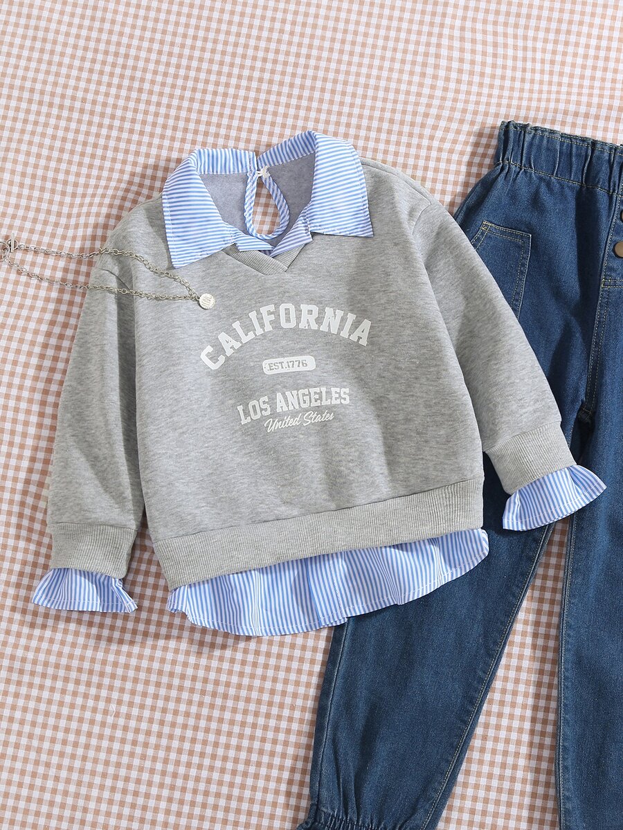 SHEIN Tween女孩白色紫色2合1衛衣,領口長袖加州印花套頭衫,柔軟面料寬鬆版型,秋季Nancy 7歲生日 - 淺灰色 - 查看 1