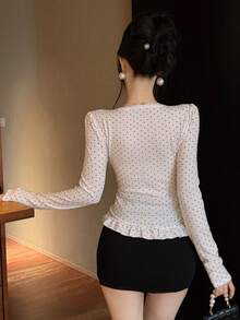 Dazy Tall Women's Round Neck Lace Patchwork Polka Dot Elegant T-Shirt - White - View 4