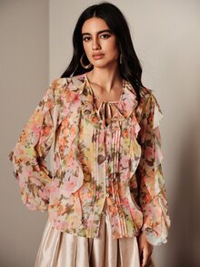 BELROSIE بلوزة طويلة الأكمام بتصميم متعدد الطبقات مع حافة كشكشة، بياقة على شكل حرف V، بنقشة زهور صغيرة وعلامة مائية، بأسلوب أوروبي وأمريكي، موضة جديدة للخريف/الشتاء، متعددة الاستخدامات - متعدد الألوان - مشاهدة 4