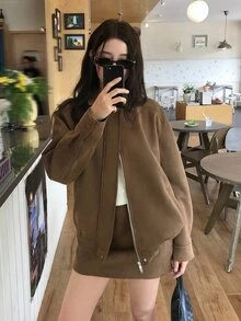 DAZY Women's Solid Color Lapel Casual Jacket And Skirt 2 Pieces Set, Korean Style Spring/Summer - Coffee Brown - View 8