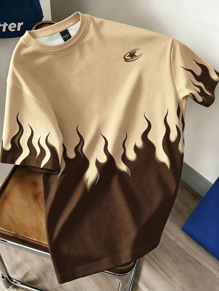 Manfinity Hypemode Men's Flame Pattern Casual Daily Short Sleeve T-Shirt - Brown - View 1