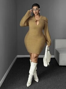 Maweii Woman Elegant, Fashionable, Sexy, Party,Khaki , A Fitted Mini Skirt,Winter,Halloween/Christmas, Long-Sleeved Plus-Size Women's Sweater Dress - Khaki - View 4