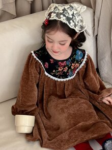 DAZY Infant (Girl) Round Neck Color Block Long Sleeve Autumn/Winter Dress - Coffee Brown - View 6
