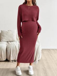 SHEIN Maternity Solid Color Round Neck Short Sleeve Top And Skirt 2 Pieces Set - Burgundy - View 3