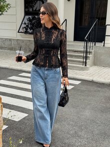 Serisse Women's Lace Frog Button Placket Ruffle Hem Blouse - Black - View 7